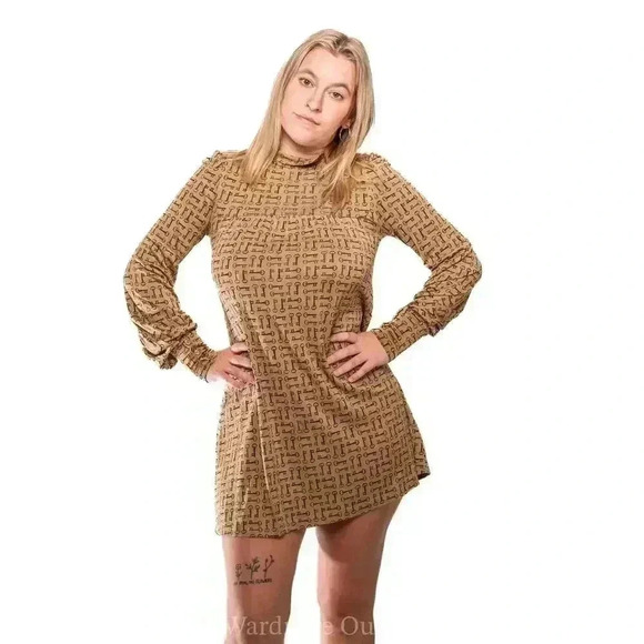 Juicy Couture Brown Silk Key Print Mock Collared Long Sleeve Mini Dress - S - Picture 6 of 9